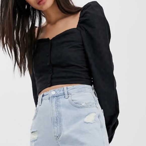 ASOS Stradivarius Square Neck Button Front Black Puff Sleeve Shirt NWT Medium - Picture 9 of 14